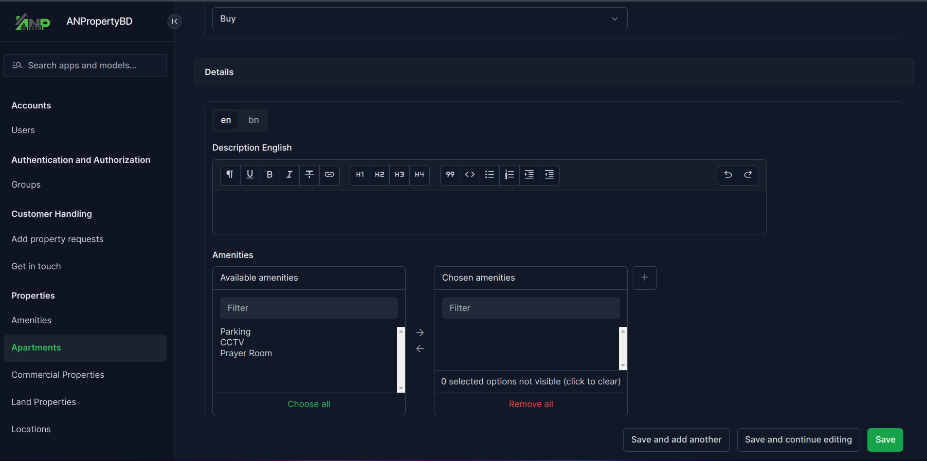 Admin property management interface