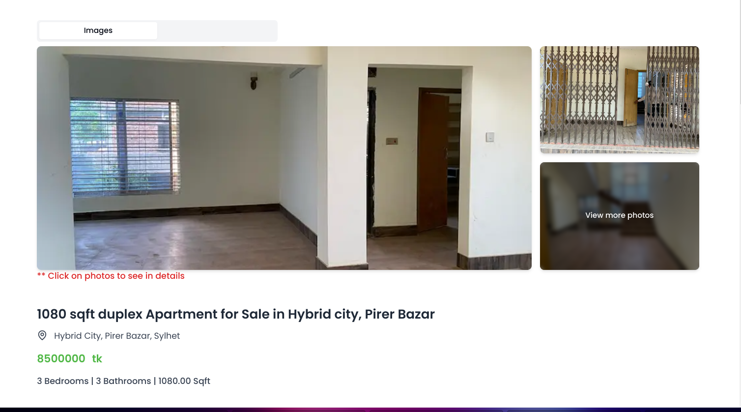 Detailed property view with gallery and specifications