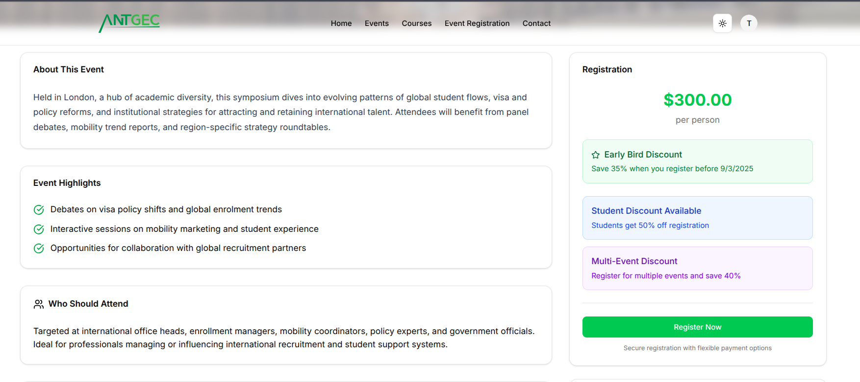 Detailed event page with agenda, highlights, and discounts