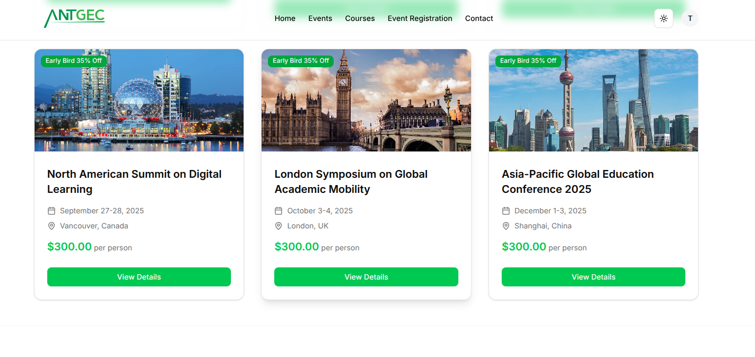 Event cards displaying early bird discounts, location, and pricing