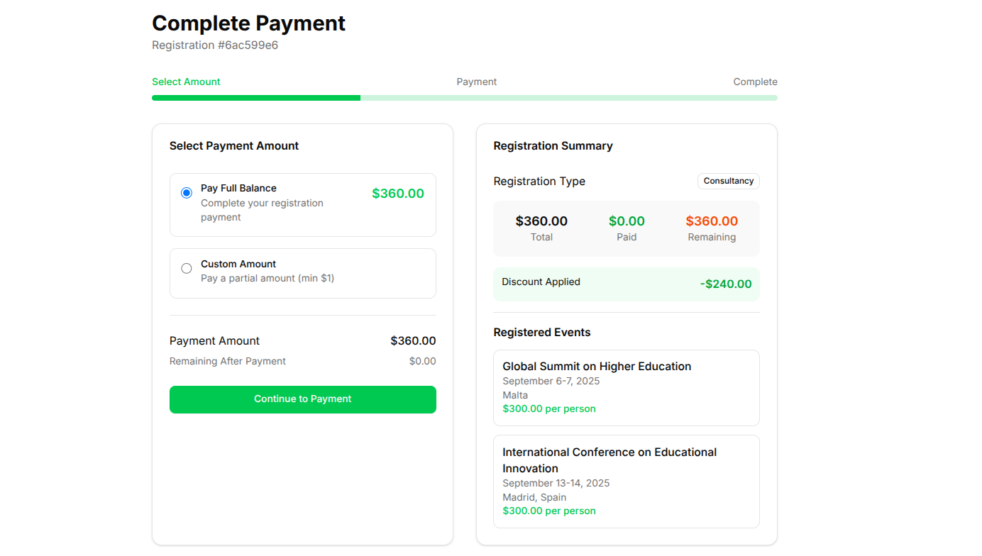 Customizable payment options showing real-time discount application