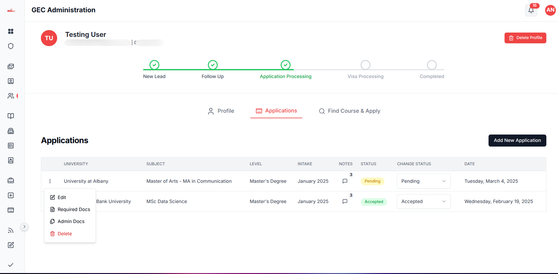Student application tracking system